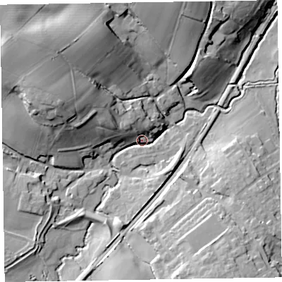 Shaded relief map of the ground around TA210DS, computed from Environment Agency LiDAR. The ground here sits at about 61 m above sea level and falls 33 m across the surrounding 800 m. Surface water reaching this point runs off ground lying to the north-west, 29.5 m higher.