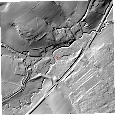 Shaded relief map of the ground around TA210DT, computed from Environment Agency LiDAR. The ground here sits at about 60 m above sea level and falls 33 m across the surrounding 800 m. Surface water reaching this point runs off ground lying to the south, 15.9 m higher.