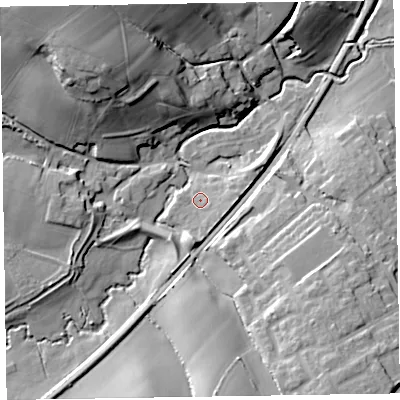 Shaded relief map of the ground around TA210DY, computed from Environment Agency LiDAR. The ground here sits at about 63 m above sea level and falls 31 m across the surrounding 800 m. Surface water reaching this point runs off ground lying to the south, 5.5 m higher.