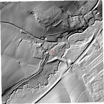 Shaded relief map of the ground around TA210DZ, computed from Environment Agency LiDAR. The ground here sits at about 63 m above sea level and falls 29 m across the surrounding 800 m. Surface water reaching this point runs off ground lying to the west-south-west, 14.4 m higher.