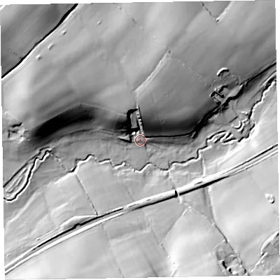 Shaded relief map of the ground around TA210EB, computed from Environment Agency LiDAR. The ground here sits at about 72 m above sea level and falls 32 m across the surrounding 800 m. Surface water reaching this point runs off ground lying to the north-north-west, 18.8 m higher.