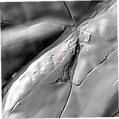 Shaded relief map of the ground around TA210EH, computed from Environment Agency LiDAR. The ground here sits at about 82 m above sea level and falls 42 m across the surrounding 800 m. Surface water reaching this point runs off ground lying to the south-south-west, 10.8 m higher.