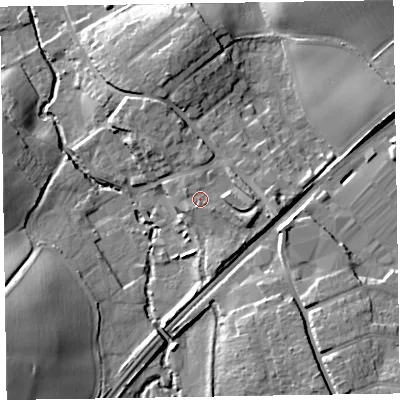Shaded relief map of the ground around TA210EZ, computed from Environment Agency LiDAR. The ground here sits at about 57 m above sea level and falls 26 m across the surrounding 800 m. Surface water reaching this point runs off ground lying to the east, 4.2 m higher.