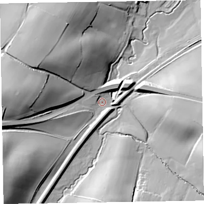 Shaded relief map of the ground around TA210HB, computed from Environment Agency LiDAR. The ground here sits at about 79 m above sea level and falls 40 m across the surrounding 800 m. Surface water reaching this point runs off ground lying to the west, 36.5 m higher.