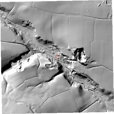 Shaded relief map of the ground around TA210HG, computed from Environment Agency LiDAR. The ground here sits at about 95 m above sea level and falls 76 m across the surrounding 800 m. Surface water reaching this point runs off ground lying to the north, 51.0 m higher.