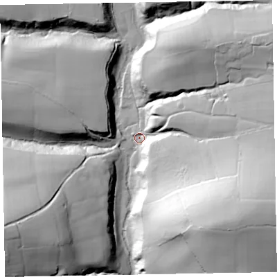 Shaded relief map of the ground around TA210HT, computed from Environment Agency LiDAR. The ground here sits at about 104 m above sea level and falls 68 m across the surrounding 800 m. Surface water reaching this point runs off ground lying to the south-east, 65.6 m higher.