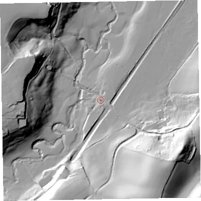 Shaded relief map of the ground around TA210JN, computed from Environment Agency LiDAR. The ground here sits at about 80 m above sea level and falls 44 m across the surrounding 800 m. Surface water reaching this point runs off ground lying to the south-south-east, 2.8 m higher.