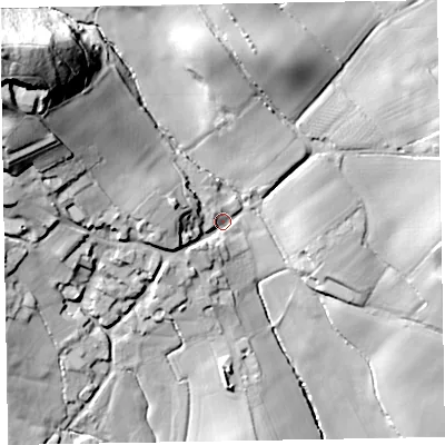 Shaded relief map of the ground around TA210PW, computed from Environment Agency LiDAR. The ground here sits at about 119 m above sea level and falls 59 m across the surrounding 800 m. Surface water reaching this point runs off ground lying to the west, 15.1 m higher.
