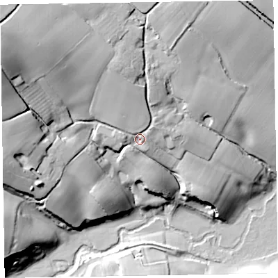 Shaded relief map of the ground around TA210QW, computed from Environment Agency LiDAR. The ground here sits at about 71 m above sea level and falls 50 m across the surrounding 800 m. Surface water reaching this point runs off ground lying to the north-west, 26.5 m higher.