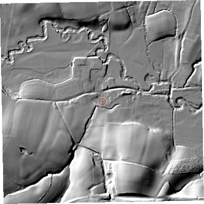 Shaded relief map of the ground around TA210SB, computed from Environment Agency LiDAR. The ground here sits at about 61 m above sea level and falls 30 m across the surrounding 800 m. Surface water reaching this point runs off ground lying to the south-south-east, 26.4 m higher.