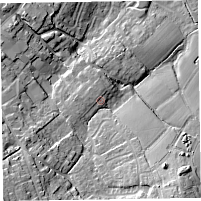 Shaded relief map of the ground around TA218EL, computed from Environment Agency LiDAR. The ground here sits at about 72 m above sea level and falls 30 m across the surrounding 800 m. Surface water reaching this point runs off ground lying to the north-north-west, 2.0 m higher.