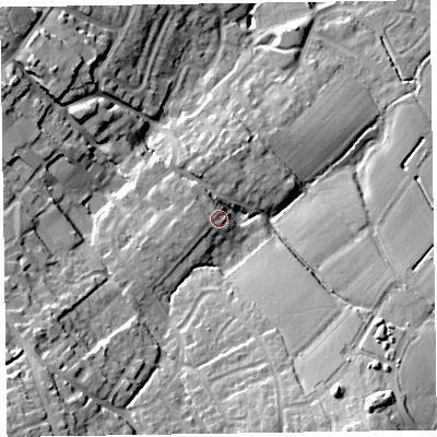 Shaded relief map of the ground around TA218EN, computed from Environment Agency LiDAR. The ground here sits at about 71 m above sea level and falls 31 m across the surrounding 800 m. Surface water reaching this point runs off ground lying to the west-south-west, 5.9 m higher.