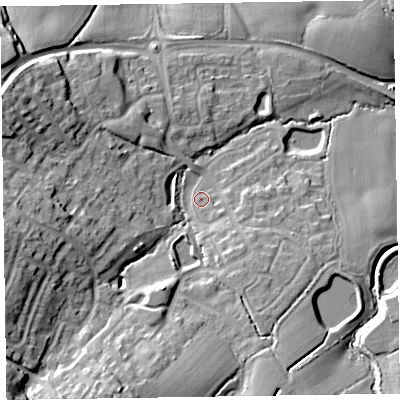 Shaded relief map of the ground around TA219BP, computed from Environment Agency LiDAR. The ground here sits at about 56 m above sea level and falls 22 m across the surrounding 800 m. Surface water reaching this point runs off ground lying to the south-south-east, 4.6 m higher.