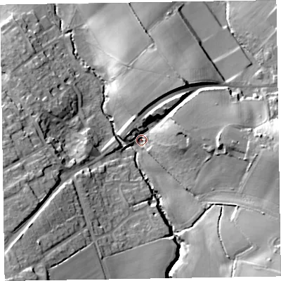 Shaded relief map of the ground around TA219BS, computed from Environment Agency LiDAR. The ground here sits at about 65 m above sea level and falls 30 m across the surrounding 800 m. Surface water reaching this point runs off ground lying to the east, 25.0 m higher.
