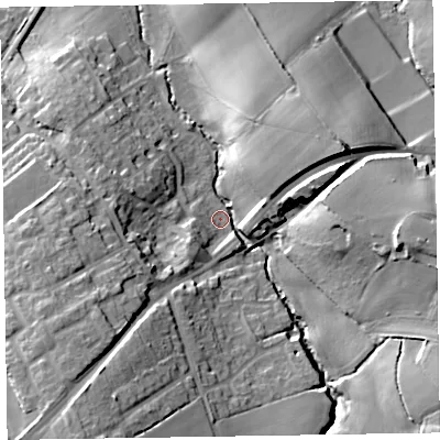 Shaded relief map of the ground around TA219DU, computed from Environment Agency LiDAR. The ground here sits at about 63 m above sea level and falls 27 m across the surrounding 800 m. Surface water reaching this point runs off ground lying to the east, 22.8 m higher.