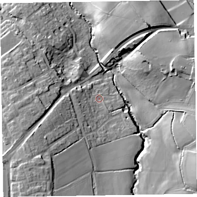 Shaded relief map of the ground around TA219DX, computed from Environment Agency LiDAR. The ground here sits at about 67 m above sea level and falls 25 m across the surrounding 800 m. Surface water reaching this point runs off ground lying to the south-west, 16.5 m higher.