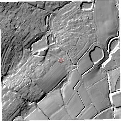 Shaded relief map of the ground around TA219FA, computed from Environment Agency LiDAR. The ground here sits at about 60 m above sea level and falls 24 m across the surrounding 800 m. Surface water reaching this point runs off ground lying to the south-west, 6.5 m higher.