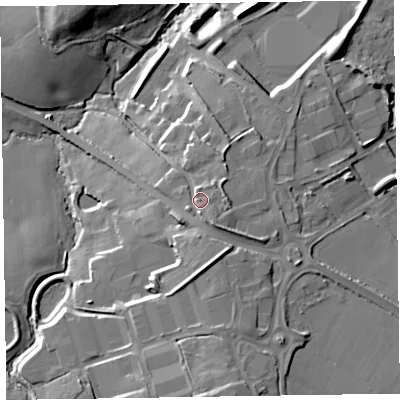 Shaded relief map of the ground around TA219HP, computed from Environment Agency LiDAR. The ground here sits at about 62 m above sea level and falls 23 m across the surrounding 800 m. Surface water reaching this point runs off ground lying to the south, 3.1 m higher.