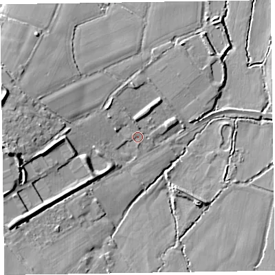 Shaded relief map of the ground around TA219HY, computed from Environment Agency LiDAR. The ground here sits at about 44 m above sea level and falls 22 m across the surrounding 800 m. Surface water reaching this point runs off ground lying to the west, 13.9 m higher.