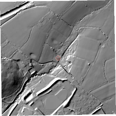 Shaded relief map of the ground around TA219JB, computed from Environment Agency LiDAR. The ground here sits at about 42 m above sea level and falls 28 m across the surrounding 800 m. Surface water reaching this point runs off ground lying to the west-south-west, 24.6 m higher.