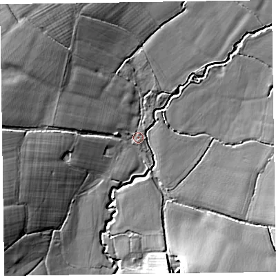 Shaded relief map of the ground around TA219LS, computed from Environment Agency LiDAR. The ground here sits at about 38 m above sea level and falls 18 m across the surrounding 800 m. Surface water reaching this point runs off ground lying to the south-south-east, 15.2 m higher.