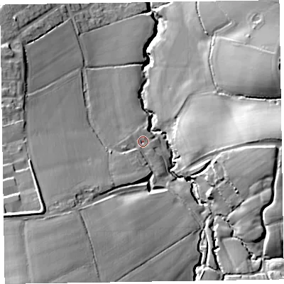 Shaded relief map of the ground around TA219NE, computed from Environment Agency LiDAR. The ground here sits at about 77 m above sea level and falls 37 m across the surrounding 800 m. Surface water reaching this point runs off ground lying to the south-west, 25.3 m higher.