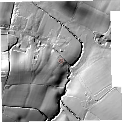 Shaded relief map of the ground around TA219QN, computed from Environment Agency LiDAR. The ground here sits at about 105 m above sea level and falls 48 m across the surrounding 800 m. Surface water reaching this point runs off ground lying to the west-south-west, 25.3 m higher.