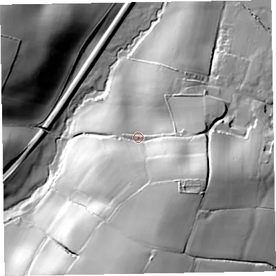 Shaded relief map of the ground around TA219QS, computed from Environment Agency LiDAR. The ground here sits at about 102 m above sea level and falls 55 m across the surrounding 800 m. Surface water reaching this point runs off ground lying to the south-south-east, 31.1 m higher.