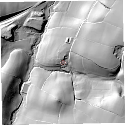 Shaded relief map of the ground around TA219QU, computed from Environment Agency LiDAR. The ground here sits at about 111 m above sea level and falls 53 m across the surrounding 800 m. Surface water reaching this point runs off ground lying to the north, 5.6 m higher.