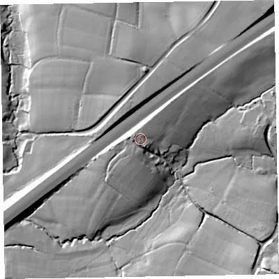 Shaded relief map of the ground around TA219QZ, computed from Environment Agency LiDAR. The ground here sits at about 134 m above sea level and falls 51 m across the surrounding 800 m. Surface water reaching this point runs off ground lying to the west-north-west, 2.3 m higher.
