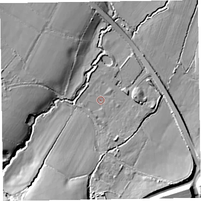 Shaded relief map of the ground around TA219RF, computed from Environment Agency LiDAR. The ground here sits at about 57 m above sea level and falls 26 m across the surrounding 800 m. Surface water reaching this point runs off ground lying to the south-west, 2.2 m higher.