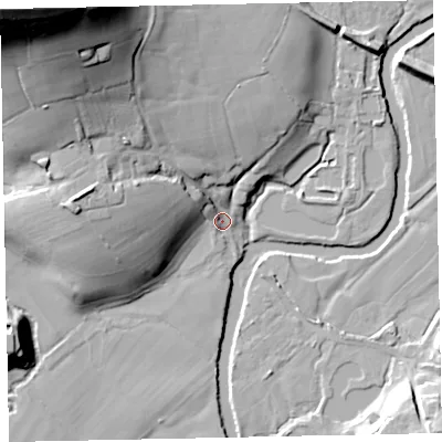 Shaded relief map of the ground around TA229AY, computed from Environment Agency LiDAR. The ground here sits at about 113 m above sea level and falls 63 m across the surrounding 800 m. Surface water reaching this point runs off ground lying to the north-west, 53.7 m higher.