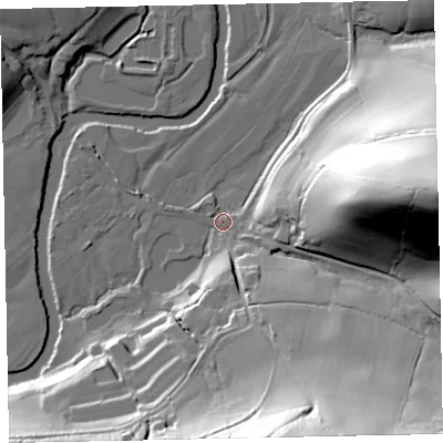 Shaded relief map of the ground around TA229BB, computed from Environment Agency LiDAR. The ground here sits at about 113 m above sea level and falls 77 m across the surrounding 800 m. Surface water reaching this point runs off ground lying to the east, 73.4 m higher.