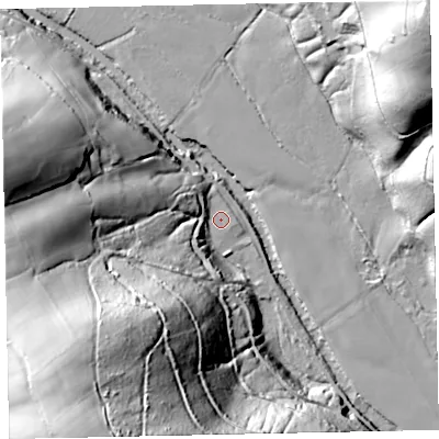 Shaded relief map of the ground around TA229BF, computed from Environment Agency LiDAR. The ground here sits at about 128 m above sea level and falls 101 m across the surrounding 800 m. Surface water reaching this point runs off ground lying to the south-west, 94.1 m higher.