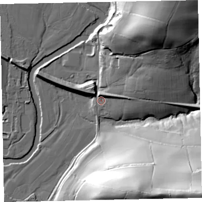 Shaded relief map of the ground around TA229BQ, computed from Environment Agency LiDAR. The ground here sits at about 119 m above sea level and falls 86 m across the surrounding 800 m. Surface water reaching this point runs off ground lying to the east-north-east, 8.0 m higher.