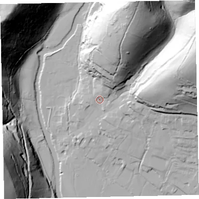 Shaded relief map of the ground around TA229BU, computed from Environment Agency LiDAR. The ground here sits at about 143 m above sea level and falls 107 m across the surrounding 800 m. Surface water reaching this point runs off ground lying to the north-north-east, 80.5 m higher.