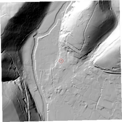 Shaded relief map of the ground around TA229BY, computed from Environment Agency LiDAR. The ground here sits at about 141 m above sea level and falls 110 m across the surrounding 800 m. Surface water reaching this point runs off ground lying to the north-east, 41.9 m higher.