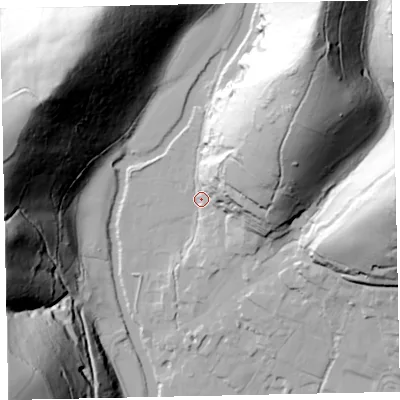 Shaded relief map of the ground around TA229DA, computed from Environment Agency LiDAR. The ground here sits at about 140 m above sea level and falls 110 m across the surrounding 800 m. Surface water reaching this point runs off ground lying to the north-east, 73.3 m higher.