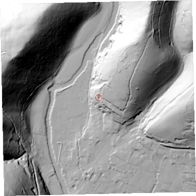Shaded relief map of the ground around TA229DB, computed from Environment Agency LiDAR. The ground here sits at about 155 m above sea level and falls 107 m across the surrounding 800 m. Surface water reaching this point runs off ground lying to the north-east, 54.3 m higher.