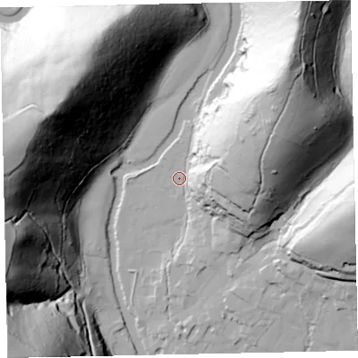 Shaded relief map of the ground around TA229DD, computed from Environment Agency LiDAR. The ground here sits at about 138 m above sea level and falls 110 m across the surrounding 800 m. Surface water reaching this point runs off ground lying to the north-east, 75.7 m higher.