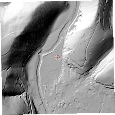 Shaded relief map of the ground around TA229DE, computed from Environment Agency LiDAR. The ground here sits at about 138 m above sea level and falls 113 m across the surrounding 800 m. Surface water reaching this point runs off ground lying to the north-east, 75.7 m higher.