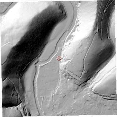 Shaded relief map of the ground around TA229DF, computed from Environment Agency LiDAR. The ground here sits at about 138 m above sea level and falls 106 m across the surrounding 800 m. Surface water reaching this point runs off ground lying to the east-north-east, 66.2 m higher.