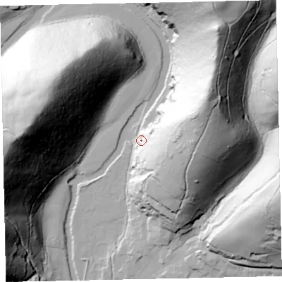 Shaded relief map of the ground around TA229DG, computed from Environment Agency LiDAR. The ground here sits at about 145 m above sea level and falls 107 m across the surrounding 800 m. Surface water reaching this point runs off ground lying to the east-north-east, 79.8 m higher.
