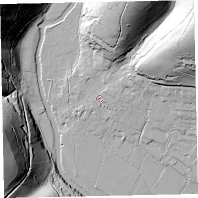 Shaded relief map of the ground around TA229DJ, computed from Environment Agency LiDAR. The ground here sits at about 141 m above sea level and falls 97 m across the surrounding 800 m. Surface water reaching this point runs off ground lying to the east-north-east, 5.3 m higher.