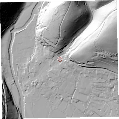 Shaded relief map of the ground around TA229DN, computed from Environment Agency LiDAR. The ground here sits at about 146 m above sea level and falls 97 m across the surrounding 800 m. Surface water reaching this point runs off ground lying to the north-east, 82.3 m higher.