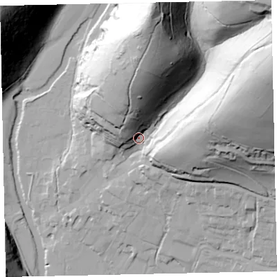 Shaded relief map of the ground around TA229DS, computed from Environment Agency LiDAR. The ground here sits at about 151 m above sea level and falls 99 m across the surrounding 800 m. Surface water reaching this point runs off ground lying to the east-north-east, 82.2 m higher.