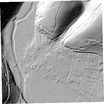 Shaded relief map of the ground around TA229DW, computed from Environment Agency LiDAR. The ground here sits at about 145 m above sea level and falls 97 m across the surrounding 800 m. Surface water reaching this point runs off ground lying to the north-east, 79.5 m higher.