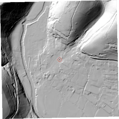 Shaded relief map of the ground around TA229ES, computed from Environment Agency LiDAR. The ground here sits at about 142 m above sea level and falls 108 m across the surrounding 800 m. Surface water reaching this point runs off ground lying to the north-north-east, 74.1 m higher.