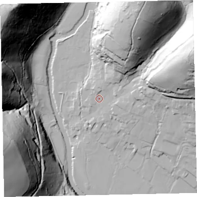 Shaded relief map of the ground around TA229EX, computed from Environment Agency LiDAR. The ground here sits at about 140 m above sea level and falls 108 m across the surrounding 800 m. Surface water reaching this point runs off ground lying to the north-north-east, 75.5 m higher.