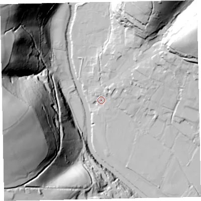 Shaded relief map of the ground around TA229HF, computed from Environment Agency LiDAR. The ground here sits at about 135 m above sea level and falls 118 m across the surrounding 800 m. Surface water reaching this point runs off ground lying to the east-north-east, 7.4 m higher.